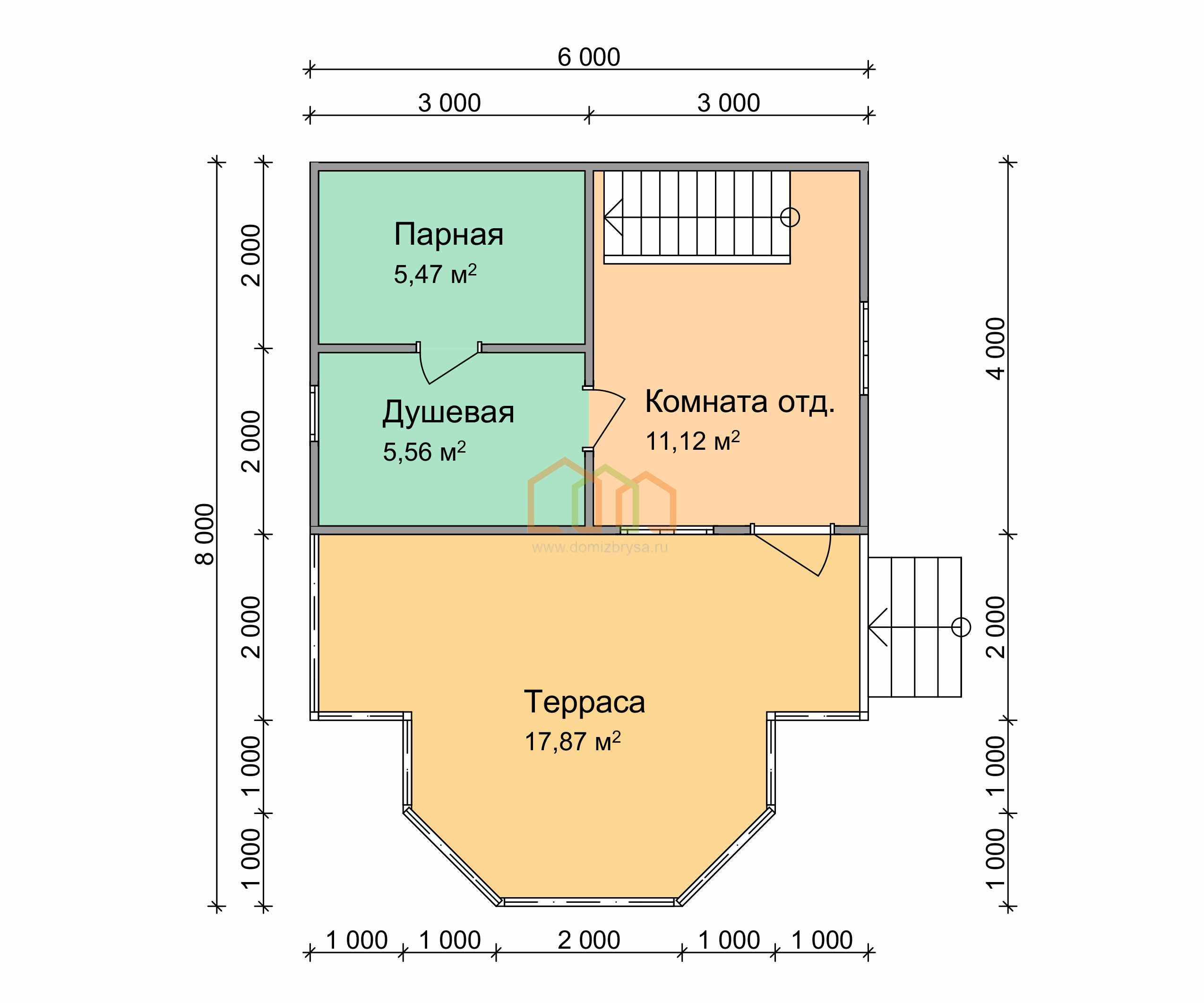 Баня из бруса с мансардой Меркурий - 3 6x8 Площадь: 70 м² с террасой под  ключ в Касимове